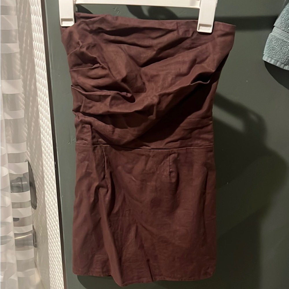 Brown Ruched Strapless Bodycon Dress